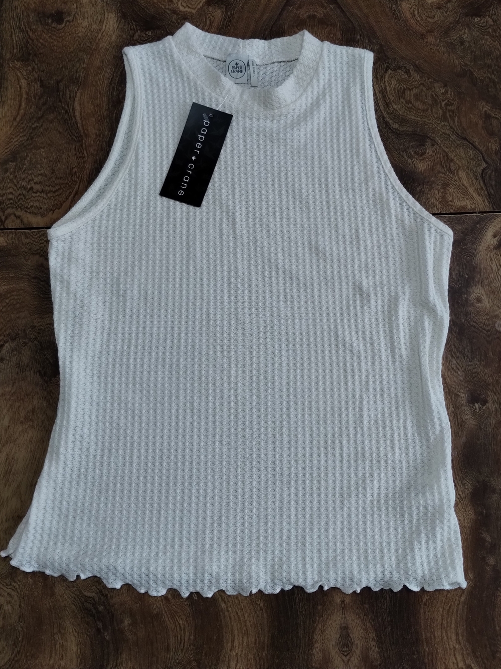 Paper Crane Cream Ribbed Mock Neck Tank with Lettuce Hem